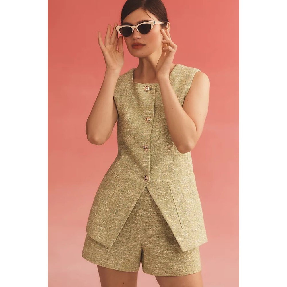 Anthropologie Maeve Tweed Tailored Waistcoat Vest Top Green Sleeveless Button XS